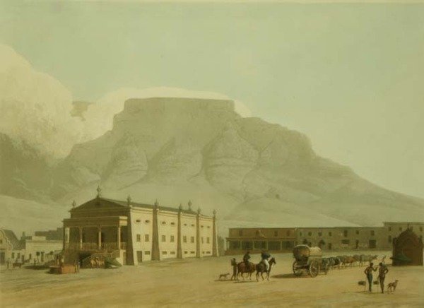 Novo Teatro, Praça Hottentot, placa 10 de "Cenário e Animais Africanos", gravada pelo artista de Samuel Daniell