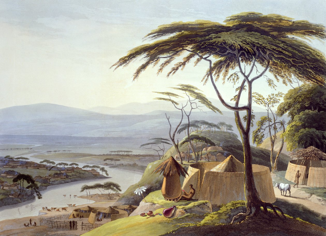A Cidade de Leetakoo, placa 22 de "Cenário e Animais Africanos", gravada pelo artista de Samuel Daniell
