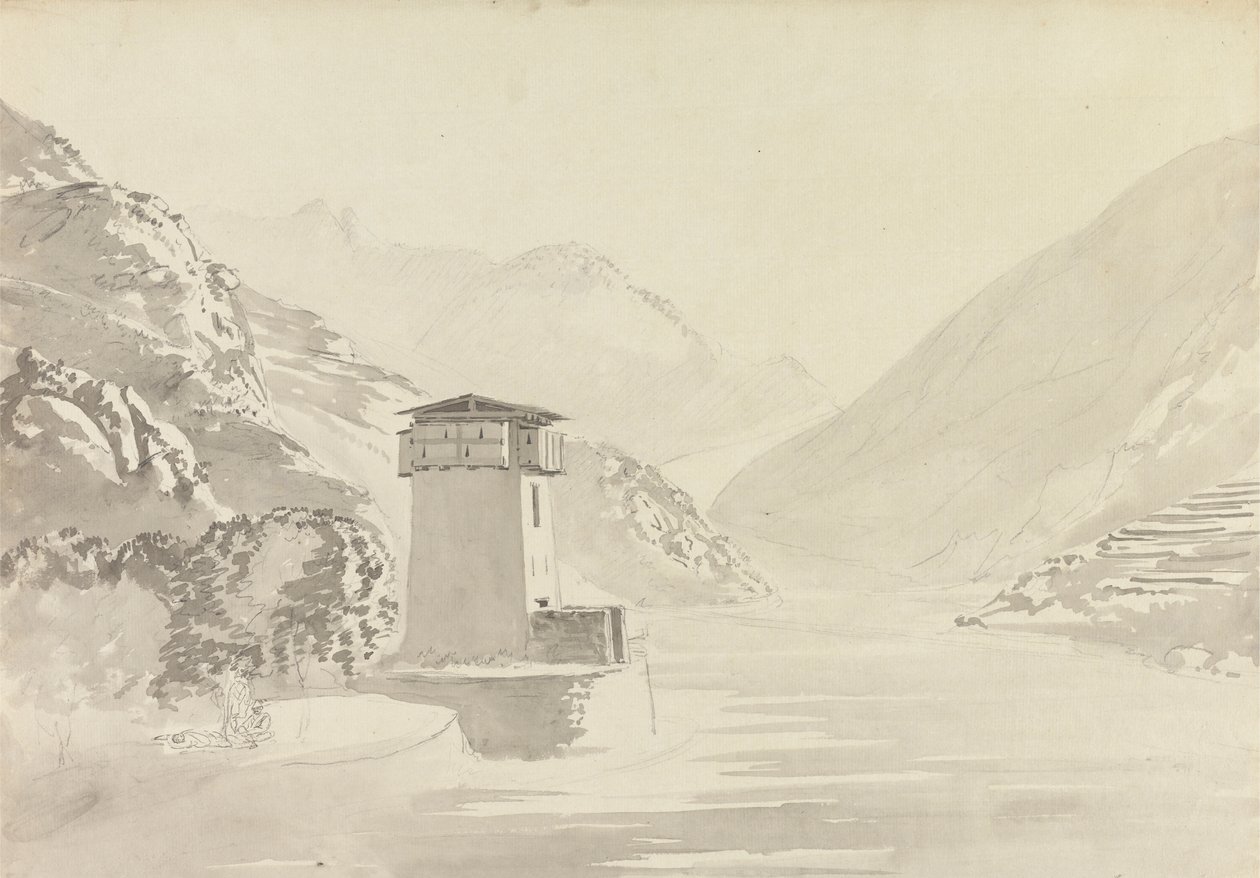 Vista da ponte em Wandepore [Wangdu Phodrang] de Samuel Davis