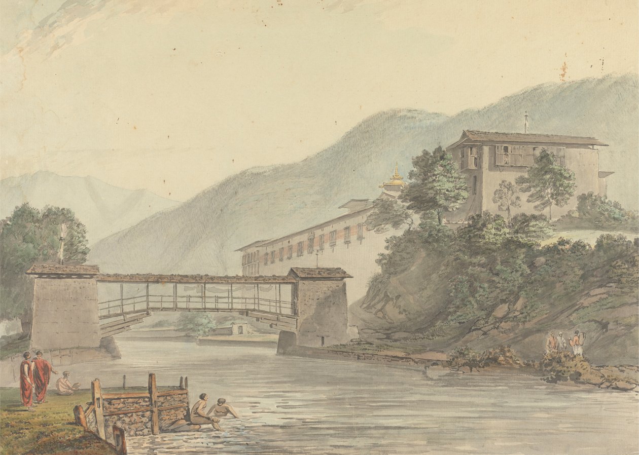 Vista de Tashichoedzong, Butão e Ponte para os pés de Samuel Davis