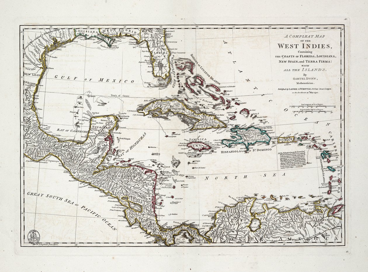Um mapa completo das Índias Ocidentais contendo as costas da Florida, Louisiana, Nova Espanha e Terra Firma com todas as ilhas de Samuel Dunn