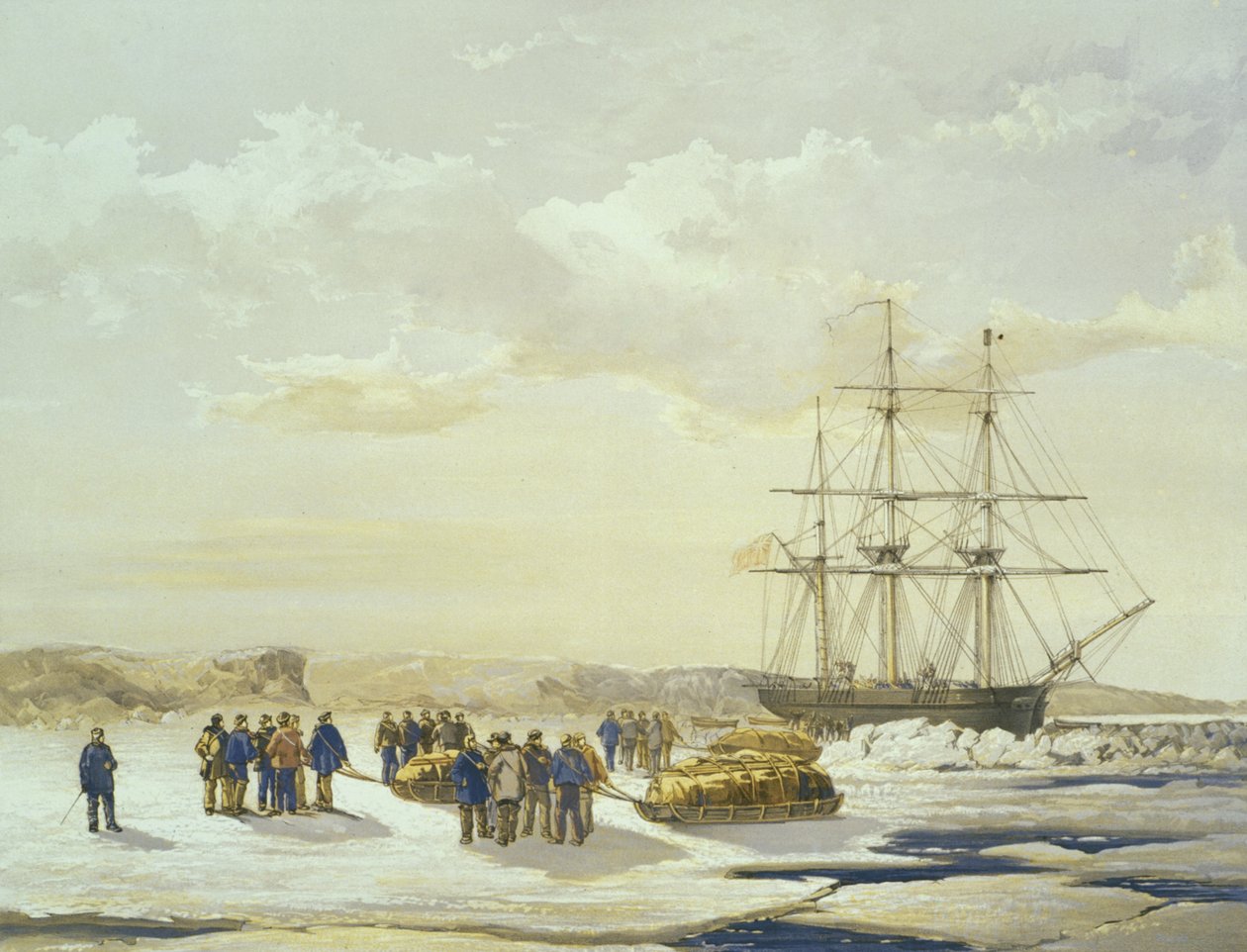 Sledge party deixando o HMS Investigator em Mercy Bay, em 15 de abril de 1853, gravado por E. Walker, publicado por Ackermann und Co., 1854 de Samuel Gurney Cresswell