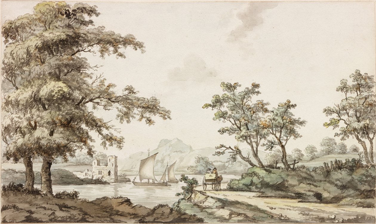 Um rio com barcos à vela e um cavalo e carrinho (tinta (preto) e aquarela sobre papel) de Samuel Henry Alken