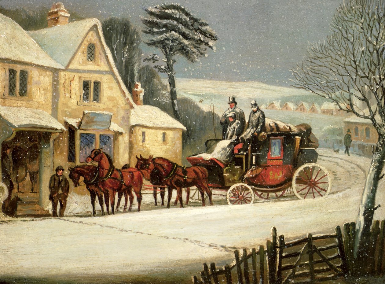 Cena de Inverno com o Royal Mail Parado em uma Pousada (óleo sobre painel) de Samuel Henry Alken