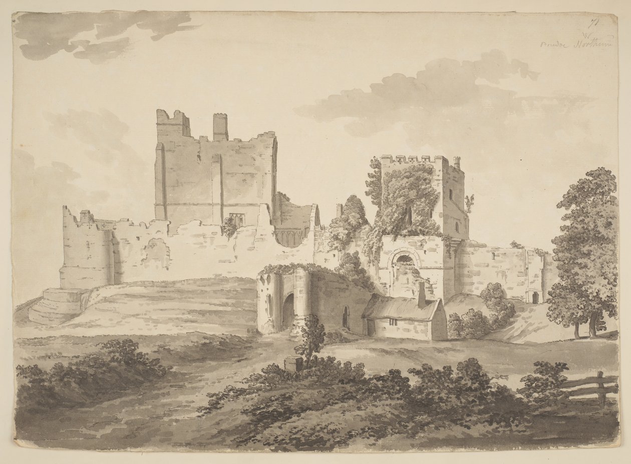 Vista a tinta da China do Castelo de Prudhoe, na freguesia de Ovingham (tinta da China sobre papel) de Samuel Hieronymous Grimm