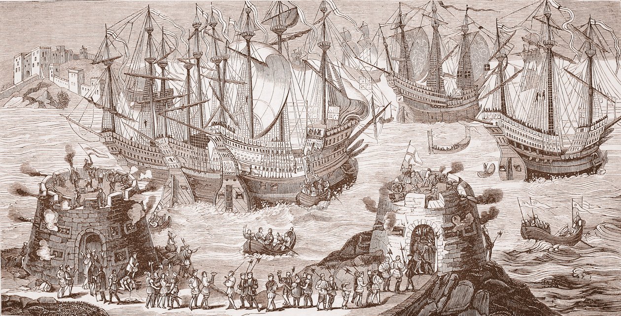 Henry VIII embarcando em Dover, a partir das letras grandes publicadas pela Royal Society of Antiquities de Samuel Hieronymous Grimm