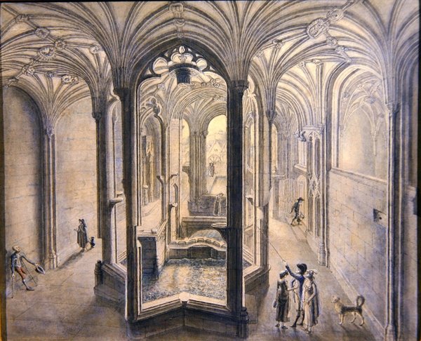 Vista interior de Holywell Spa, North Wales (aguarela com caneta e tinta sobre papel) de Samuel Hieronymous Grimm