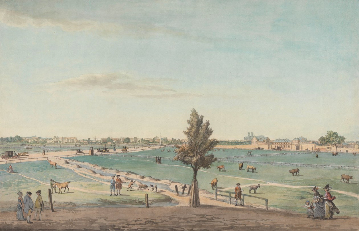 Kennington Common, 1776 (wc com caneta, tinta, bodycolour e grafite sobre papel) de Samuel Hieronymous Grimm