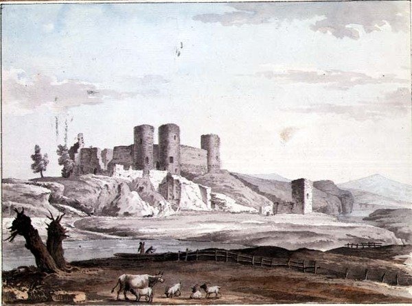 Castelo de Rhuddlan da Ponte de Samuel Hieronymous Grimm