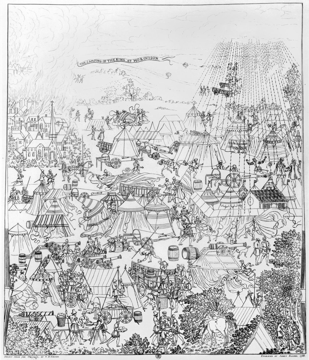 O acampamento do rei Henrique VIII em Marquison, julho de 1544, gravado por James Basire, 1788 de Samuel Hieronymous Grimm
