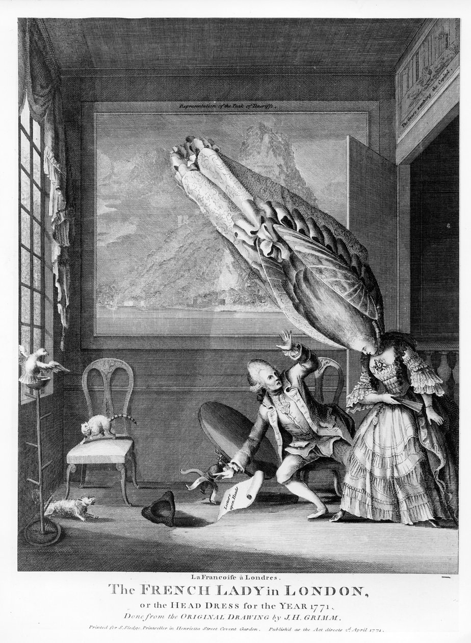A dama francesa em Londres ou o vestido de cabeça do ano 1771, impresso para S. Sledge, 1771 de Samuel Hieronymous Grimm