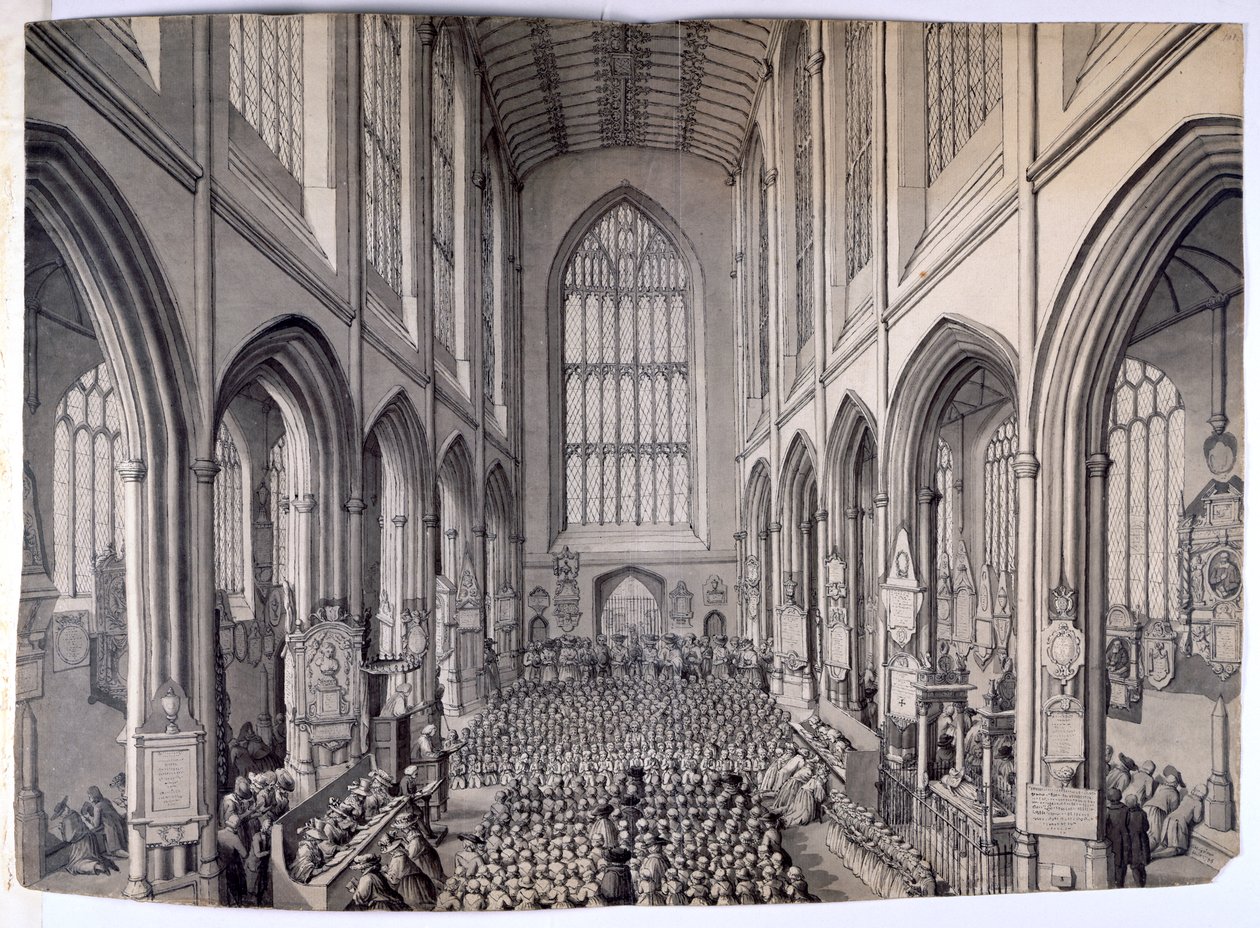 Vista, do extremo leste, do interior da Abadia de Bath, com congregação de Samuel Hieronymous Grimm