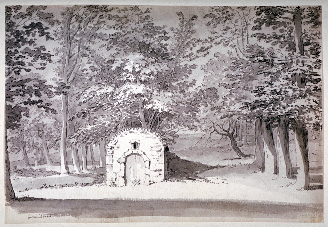 Uma casa de gelo ou conduíte em Greenwich Park, Londres, 1772 de Samuel Hieronymus Grimm