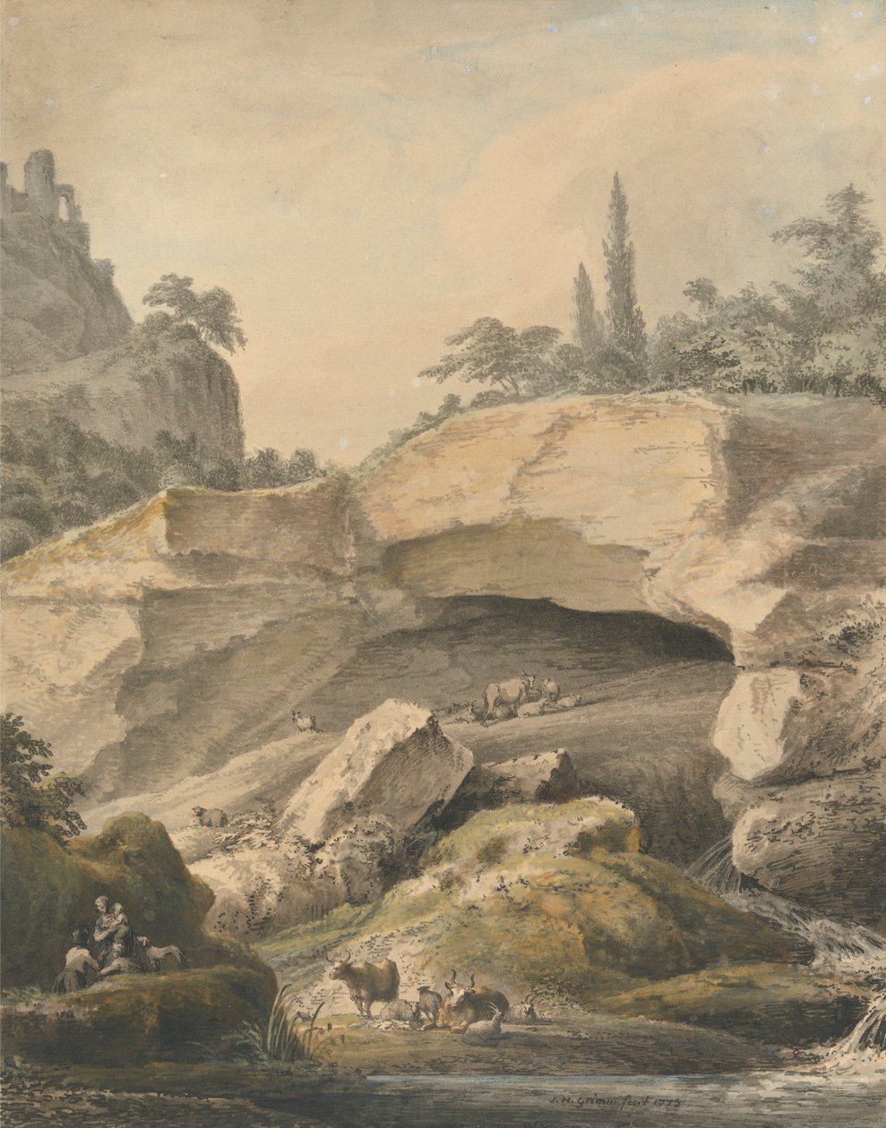 Paisagem Rochosa com Camponeses e Gado de Samuel Hieronymus Grimm