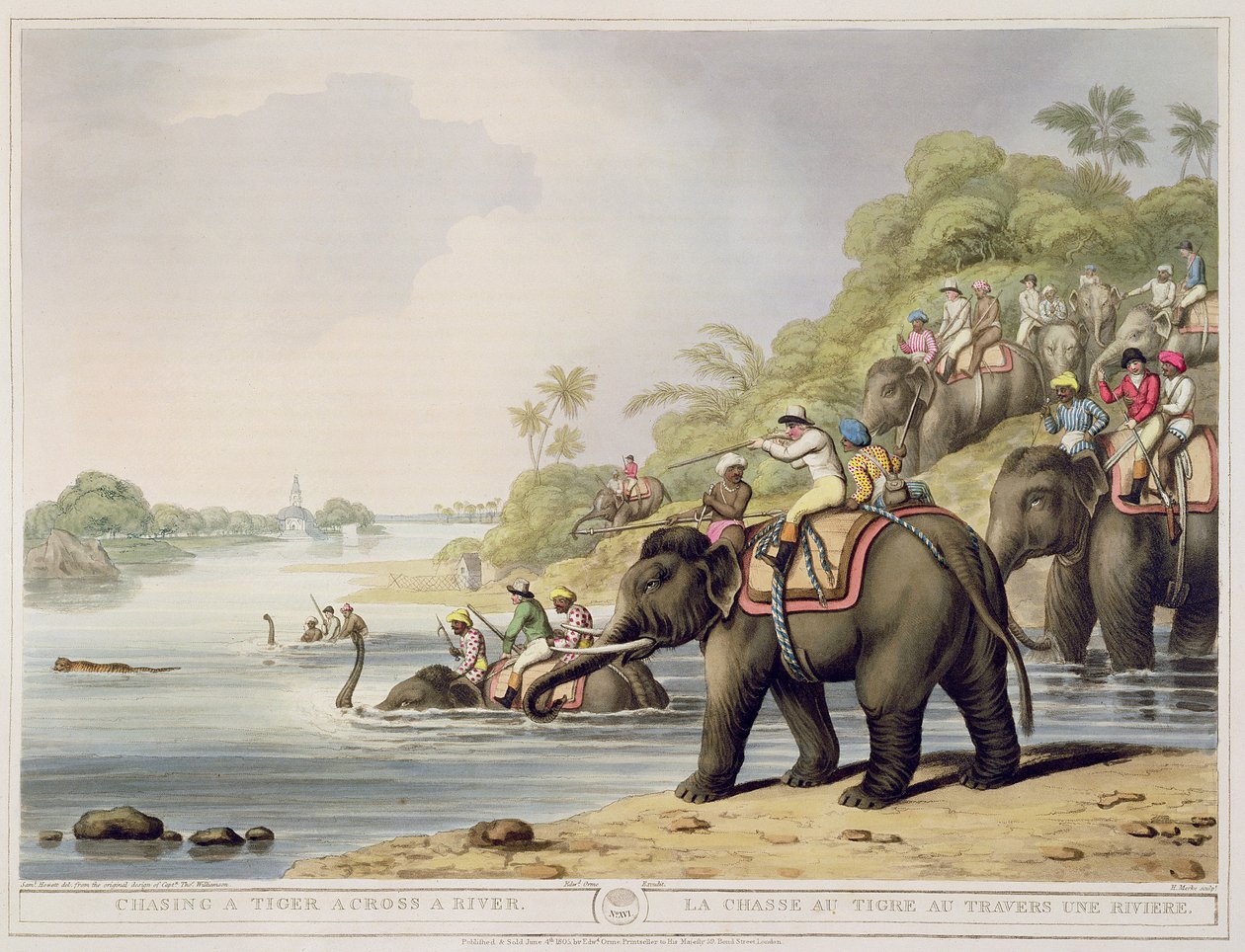 Perseguindo um tigre através do rio, da Oriental Field Sports, pub. por Edward Orme, 1807 (impressão) de Samuel Howett