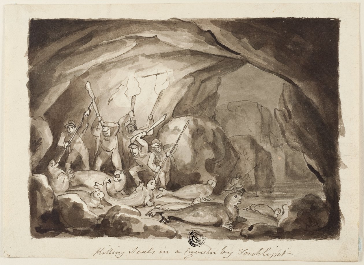 Matança de focas numa caverna à luz de uma tocha (anverso); esboço de caçadores e tábua (verso) de Samuel Howett