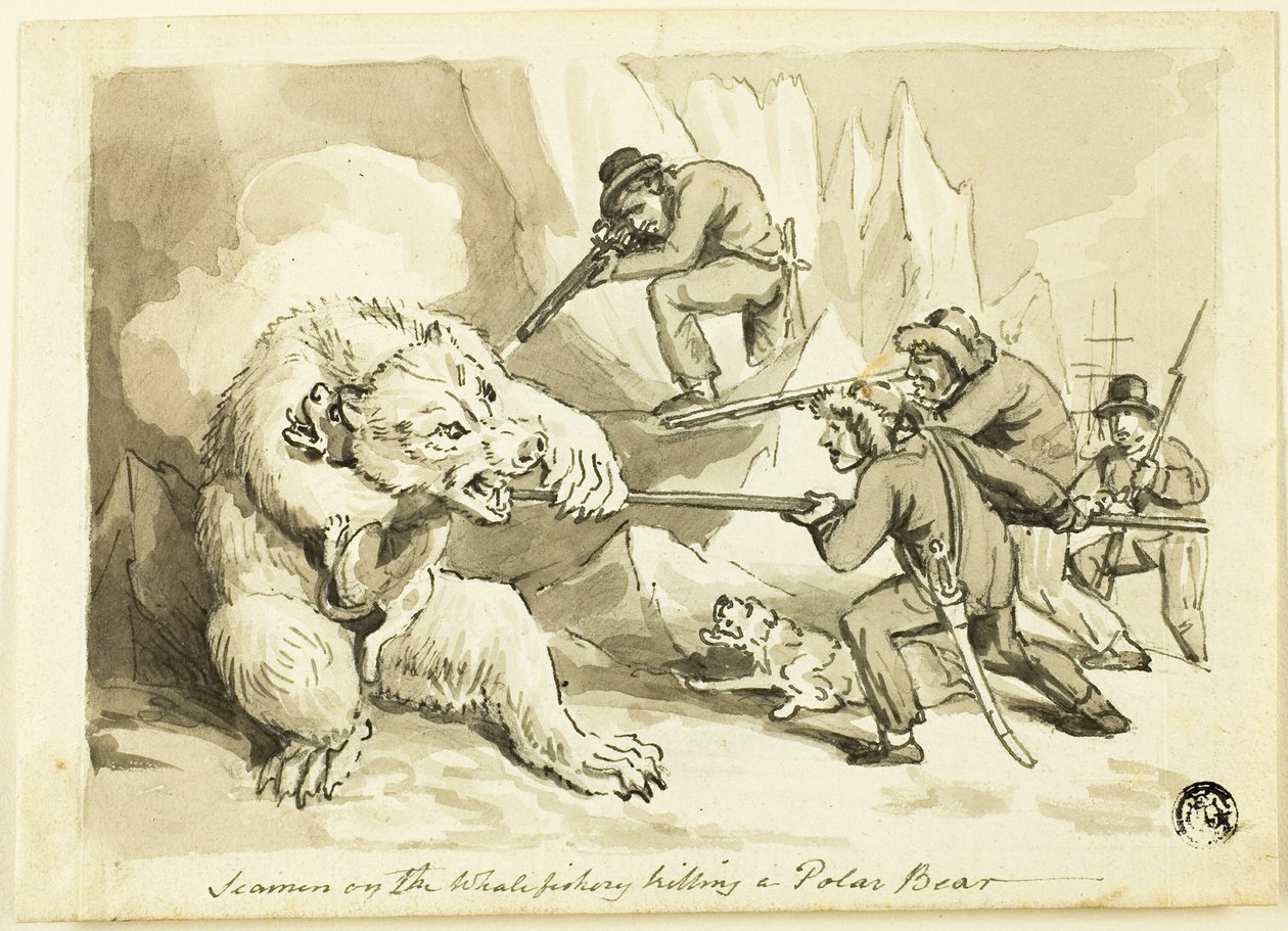 Marinheiros na Pesca de Baleias Matando um Urso Polar (reto); Concha (verso) de Samuel Howett