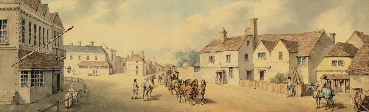 Um treinador e quatro passando por Chippenham, Wiltshire (caneta e tinta no papel) de Samuel Howitt