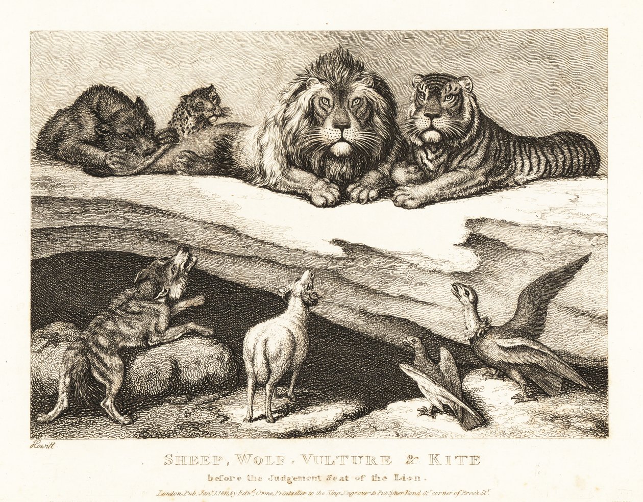 Um processo judicial entre animais, com leão e tigre como juízes. 1811 (gravura) de Samuel Howitt