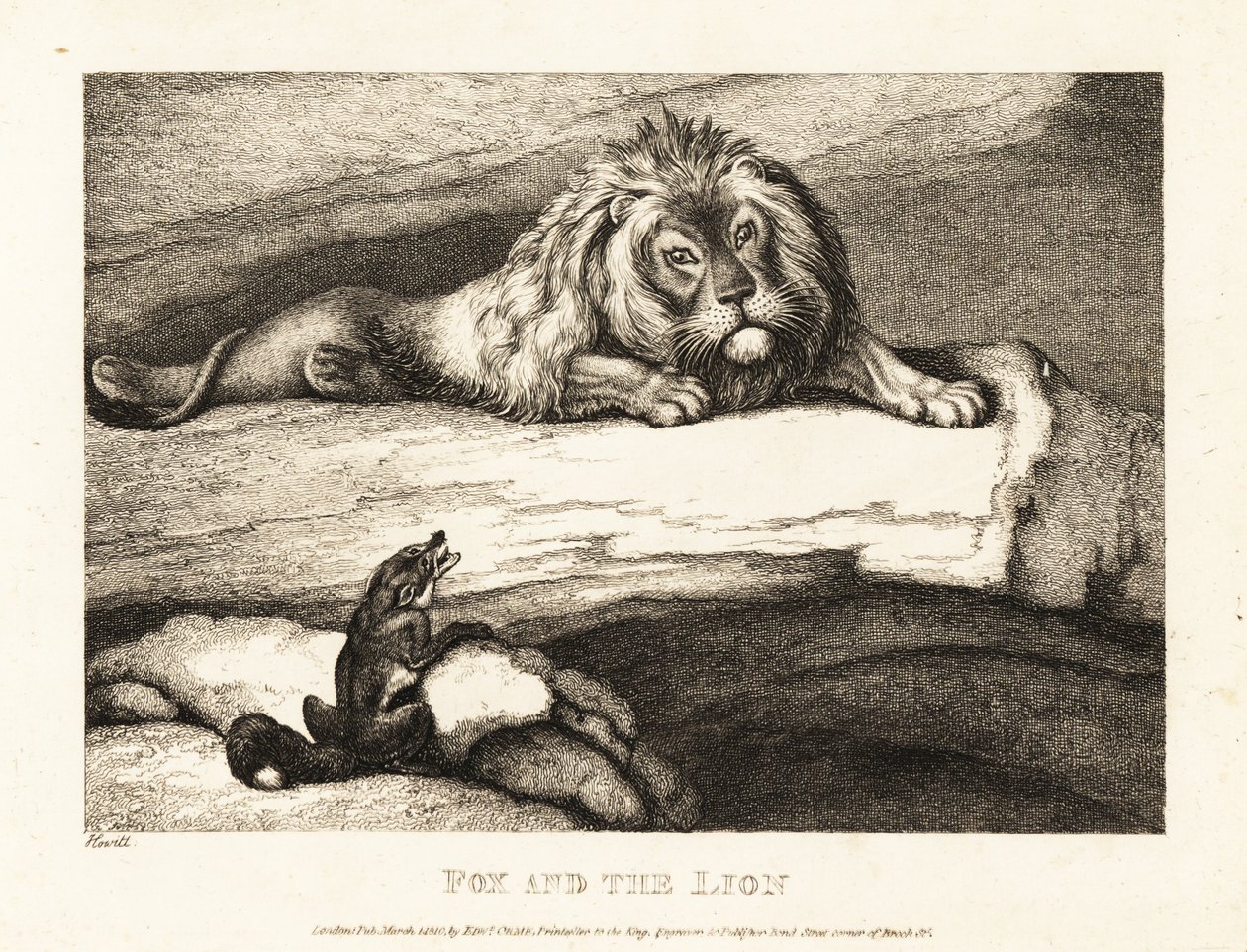 Uma raposa tolamente se aproximando de um leão macho em sua cova. 1811 (gravura) de Samuel Howitt