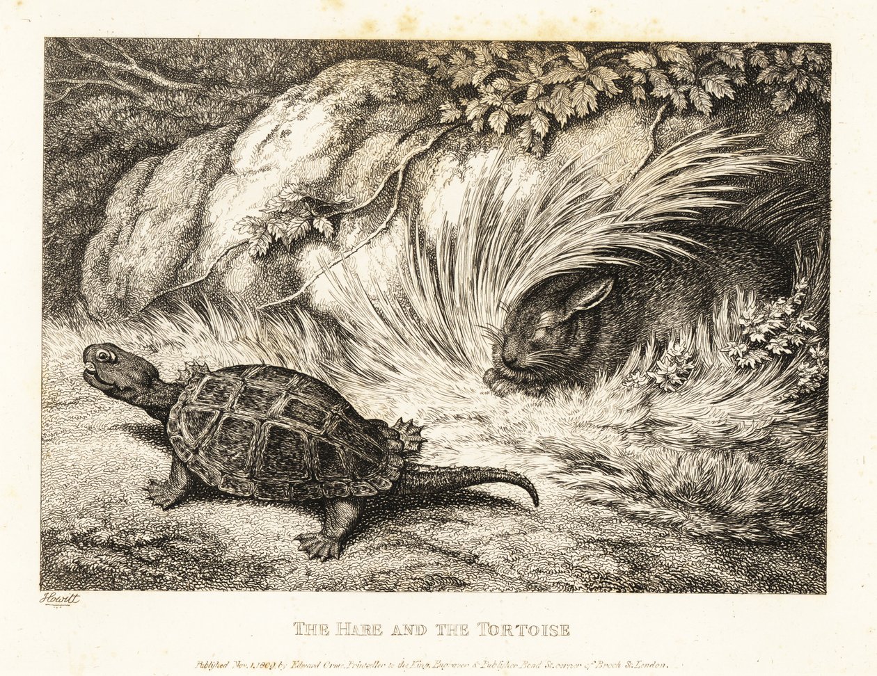 Uma tartaruga ultrapassa uma lebre adormecida em uma corrida. 1811 (gravura) de Samuel Howitt