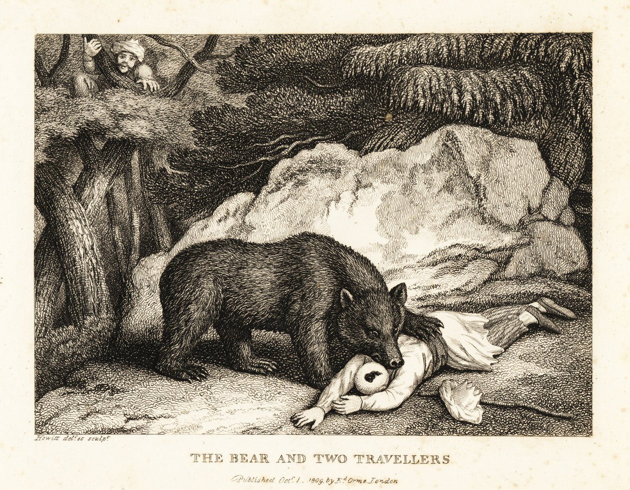 Um viajante de turbante se finge de morto enquanto é atacado por um urso. 1811 (gravura) de Samuel Howitt