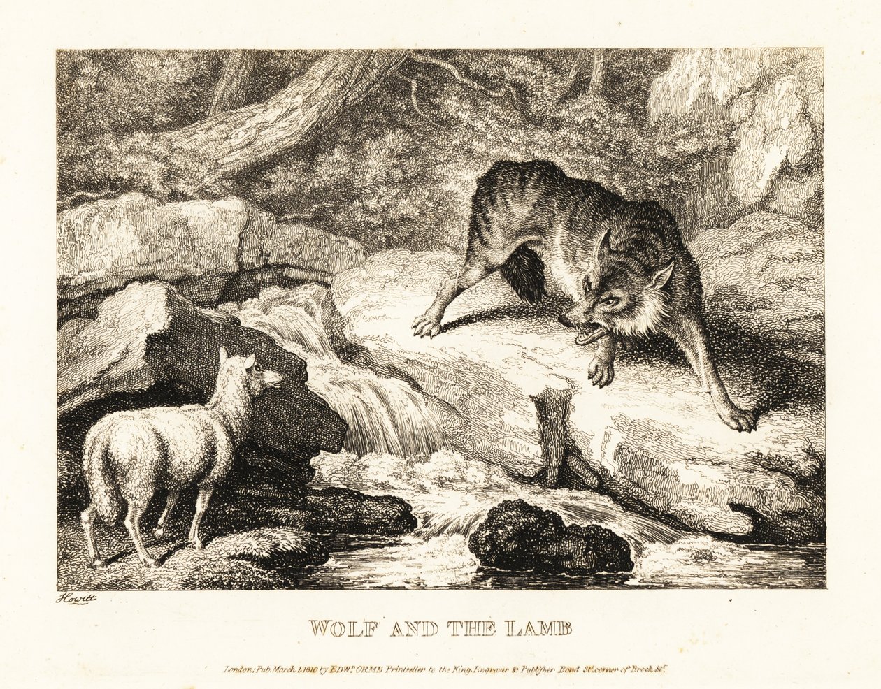 Um lobo a tentar justificar a morte de um cordeiro perto de um rio. 1811 (gravura) de Samuel Howitt