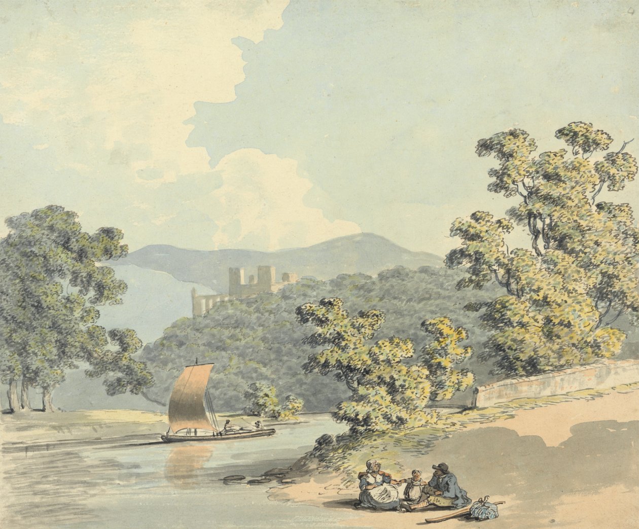 Povo do campo com uma criança, ao lado de um rio de Samuel Howitt