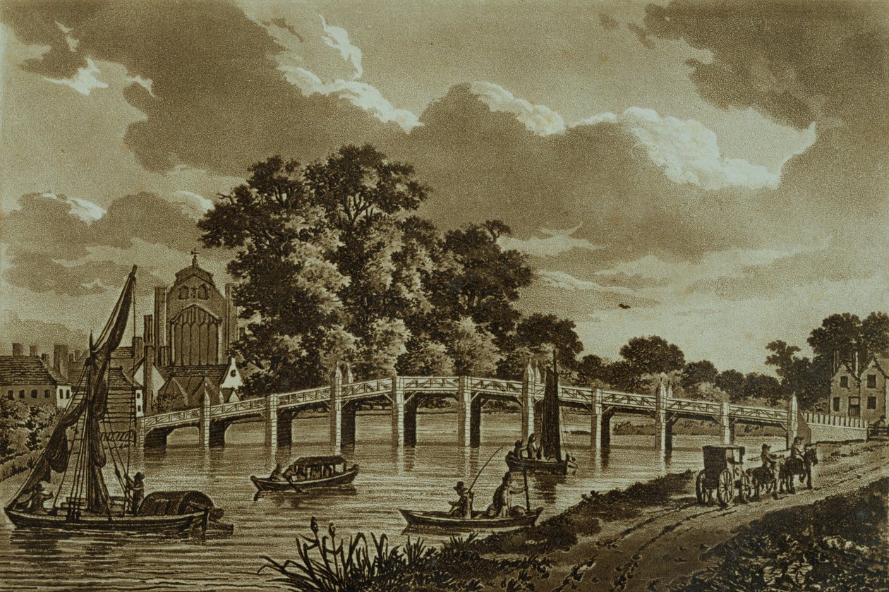 Ponte da corte de Hampton, ilustração "das vistas pitorescas do rio Tamisa", bar. 1799 (gravura, aquatinta) de Samuel Ireland