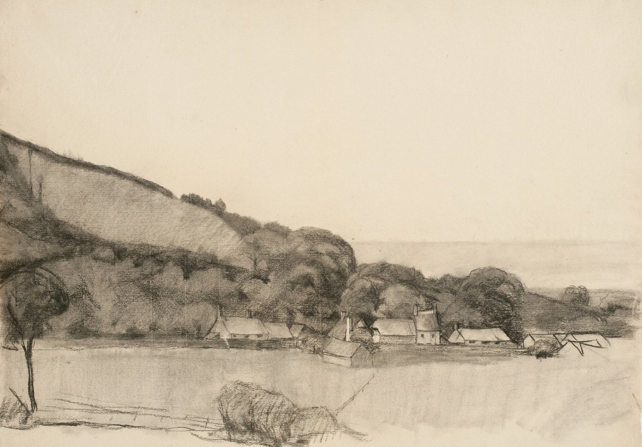 Paisagem com edifícios agrícolas (carvão vegetal no papel) de Samuel Isham