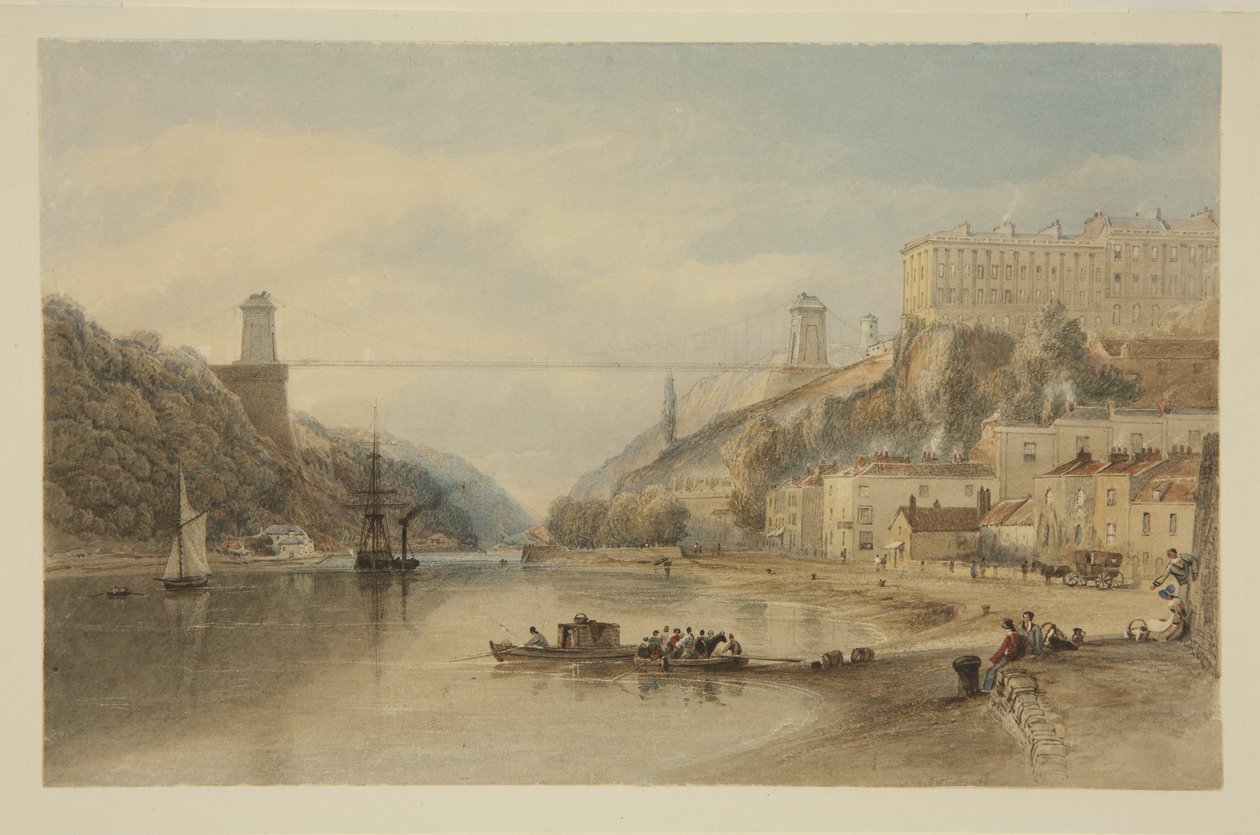 Vista na Avon em Hotwells: A Ponte de Suspensão Proposta, c.1836 (lápis e aguarela sobre papel) de Samuel Jackson