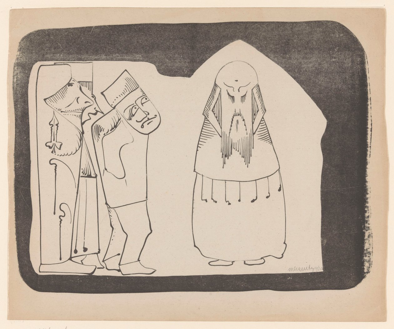 Fantasia: à esquerda três figuras à direita, à direita uma figura frontal semelhante à chinesa de Samuel Jessurun de Mesquita (signed by artist)
