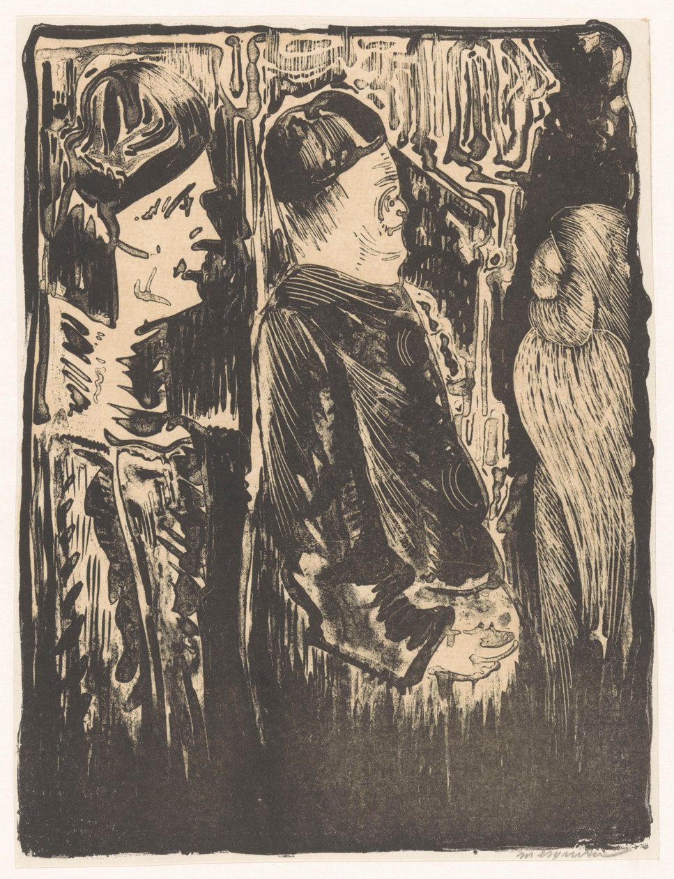Fantasia: duas figuras à esquerda com capotas à direita, à direita uma aparição incisa com plumagem de Samuel Jessurun de Mesquita (signed by artist)