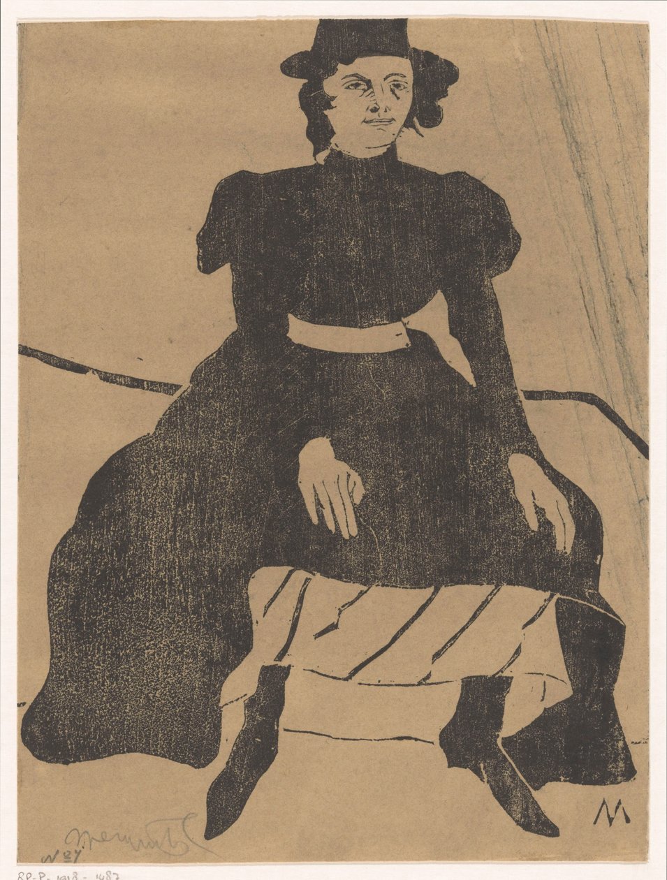 Mulher sentada com chapéu e vestido preto, mãos nos joelhos de Samuel Jessurun de Mesquita (signed by artist)