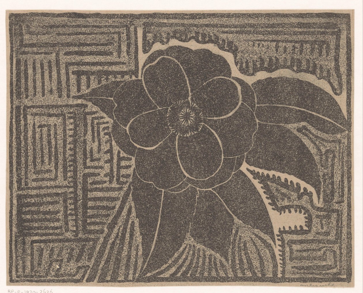 Camélia (preta; em torno de um padrão labiríntico) de Samuel Jessurun de Mesquita