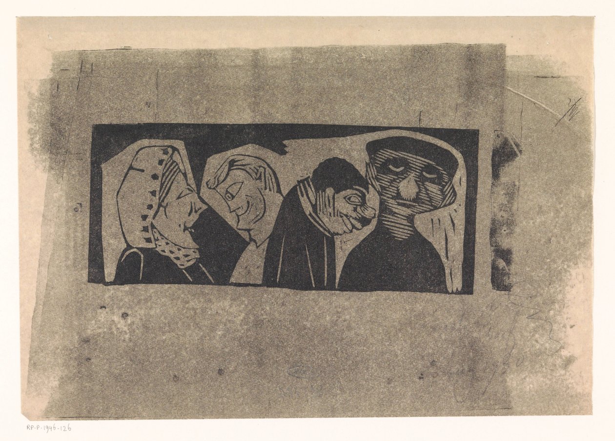 Quatro figuras humanas estilizadas seguidas de Samuel Jessurun de Mesquita
