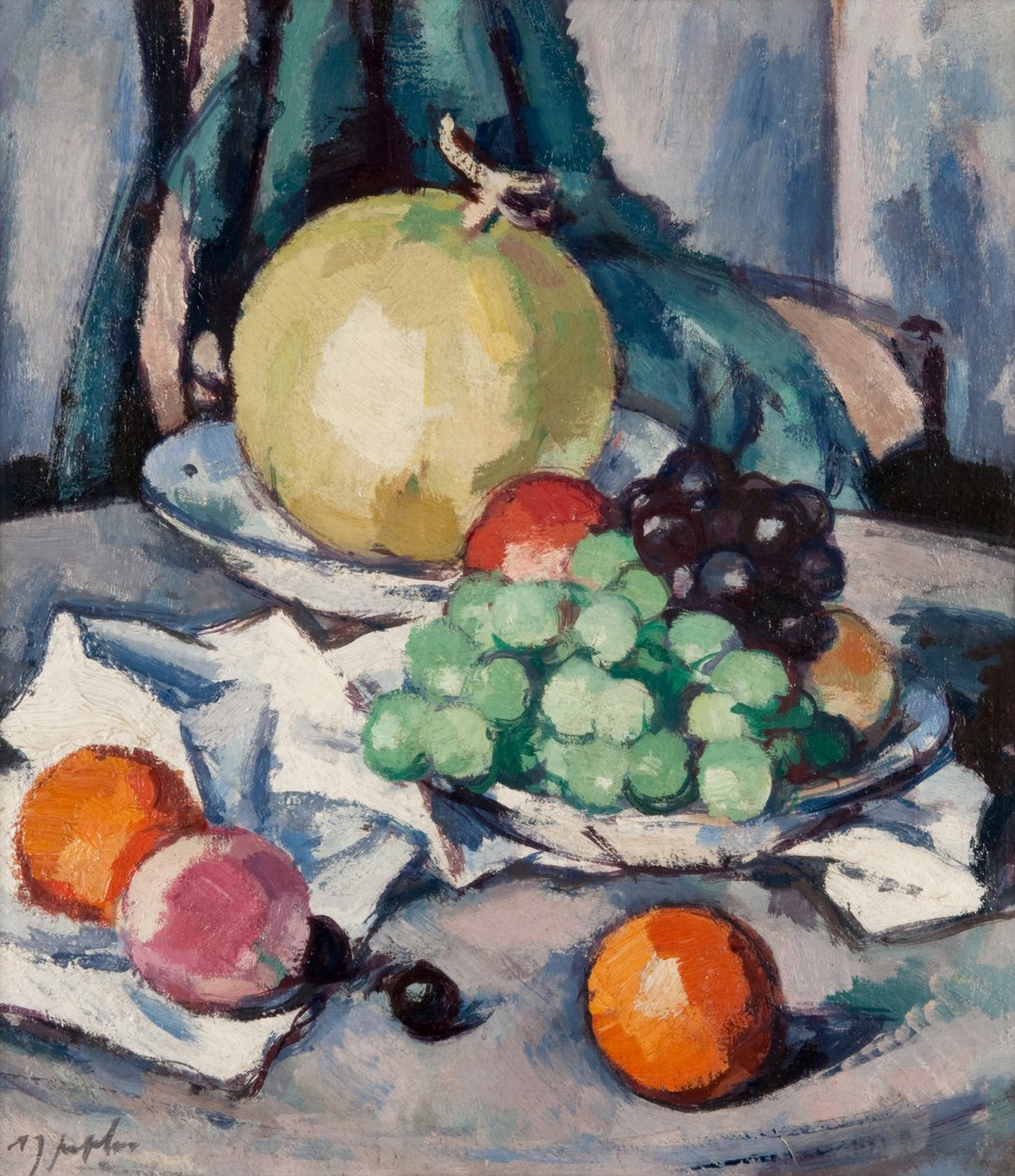 Frutas Mistas - Melão, Uva e Maçã, c.1926 (óleo sobre tela) de Samuel John Peploe