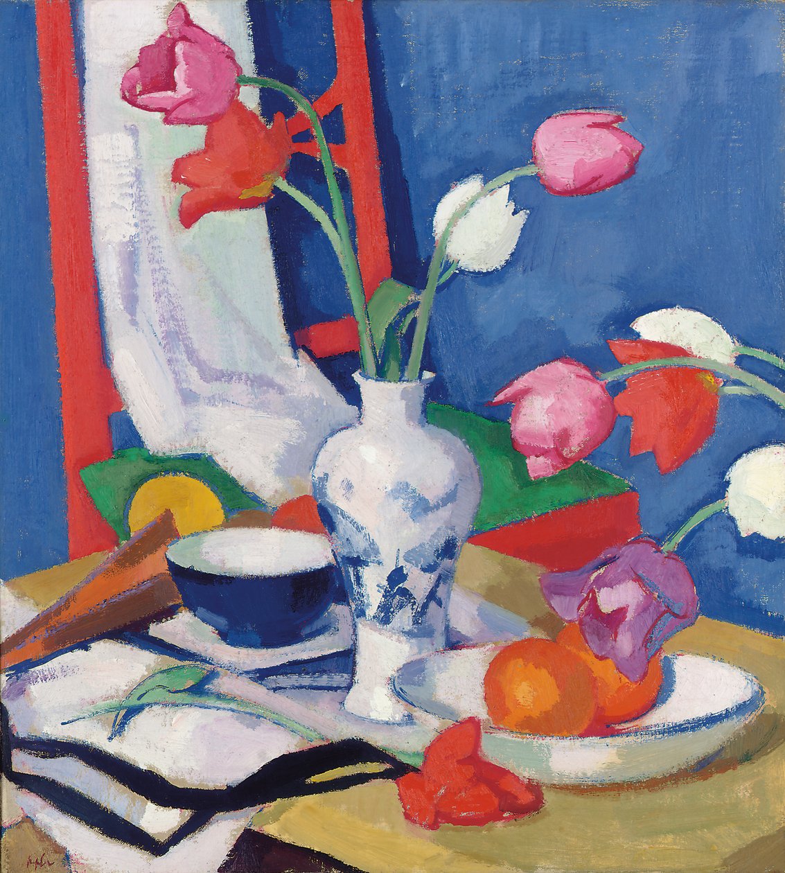 Cadeira vermelha e tulipas, c.1919 de Samuel John Peploe