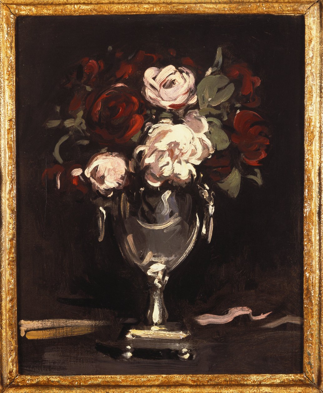 Rosas vermelhas e brancas em uma urna de prata, c.1897 de Samuel John Peploe