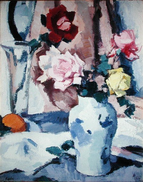 Rosas em vaso azul e branco (óleo sobre tela) de Samuel John Peploe
