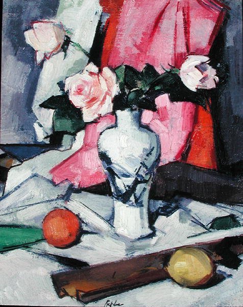 Rosas em vaso japonês, c.1923 (óleo sobre tela) de Samuel John Peploe