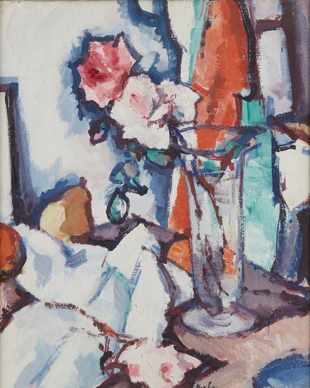 Natureza morta de rosas e pêra (óleo sobre tela) de Samuel John Peploe