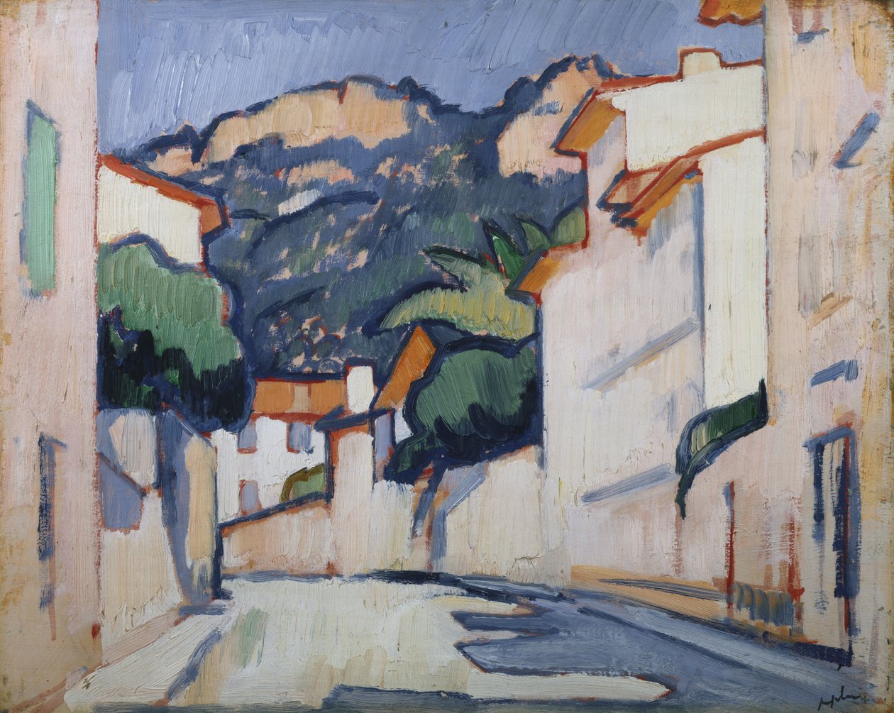 Cena de rua, Cassis, c.1913 (óleo no painel) de Samuel John Peploe