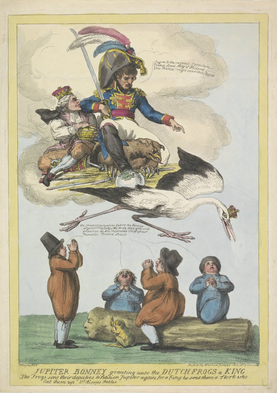 Napoleão envia Luís Napoleão como rei na forma de uma cegonha para a Holanda, 1806 Jupiter Bonney concedendo aos sapos holandeses um rei (título no objeto) de Samuel Knight