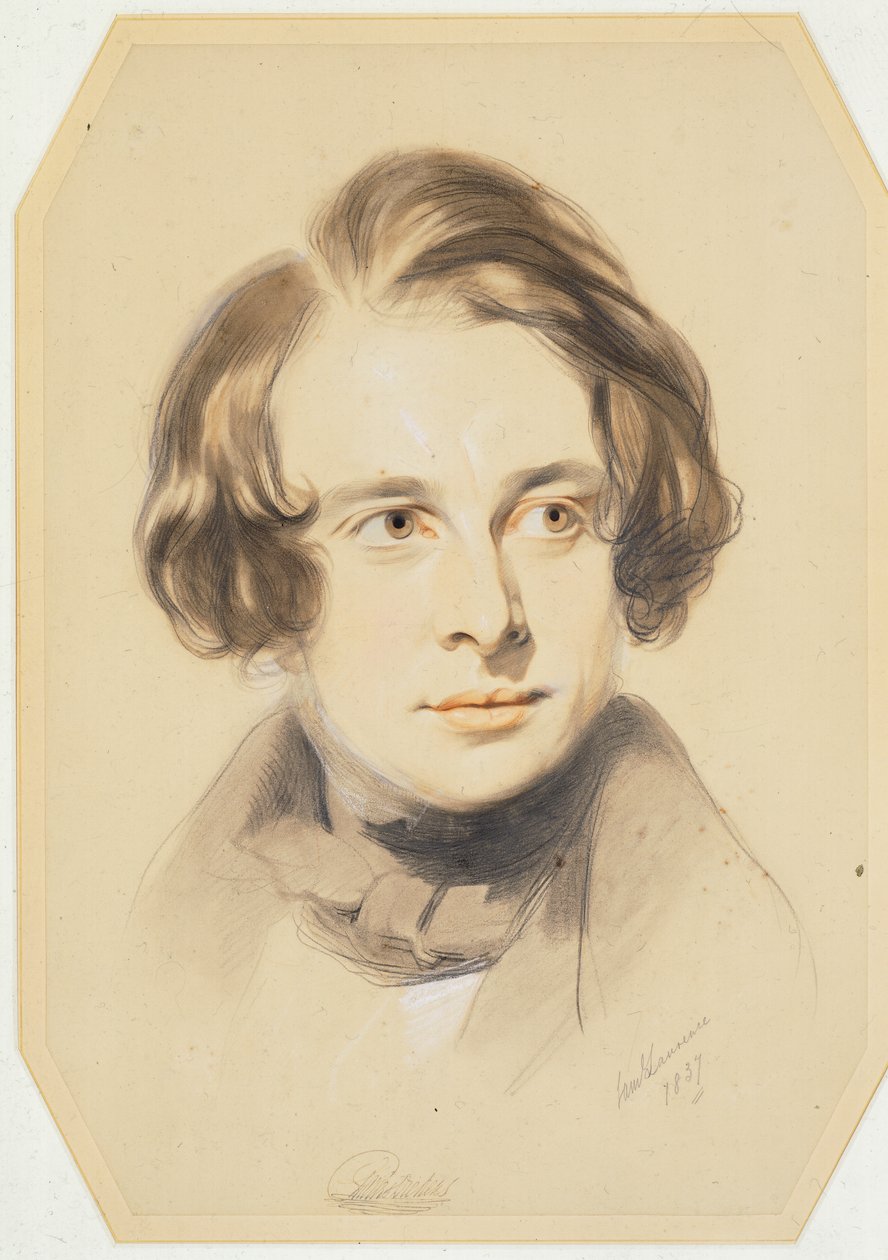 Primeiro retrato de Charles Dickens, 1837 (giz, giz de cera e lápis sobre papel) de Samuel Laurence