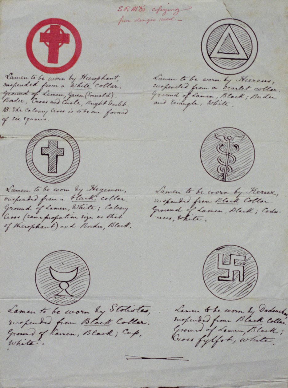 Designs para lamens (colar de jóias) para os vários oficiais de um Golden Dawn Temple, 1888 (tinta sobre papel) de Samuel Liddell MacGregor Mathers