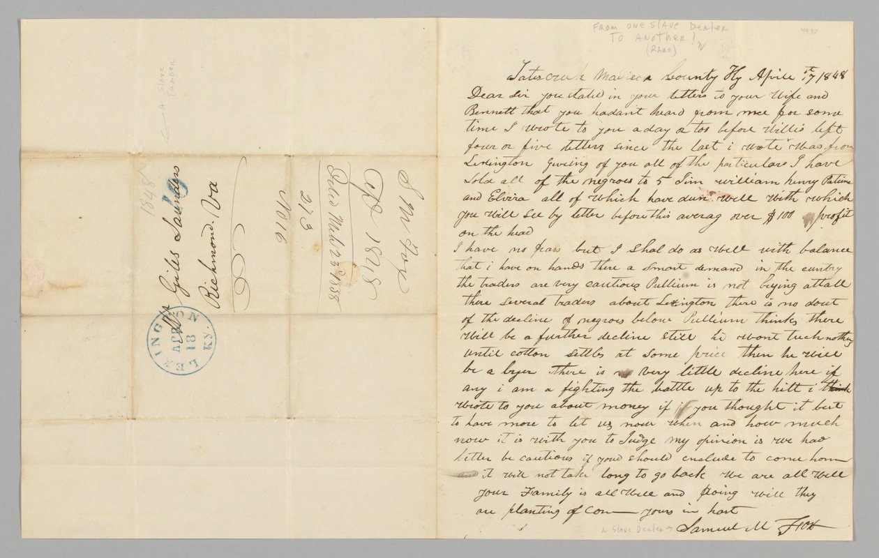 Carta a Giles Saunders de Samuel M. Fox sobre o tráfico de escravos, 17 de abril de 1848. de Samuel M. Fox
