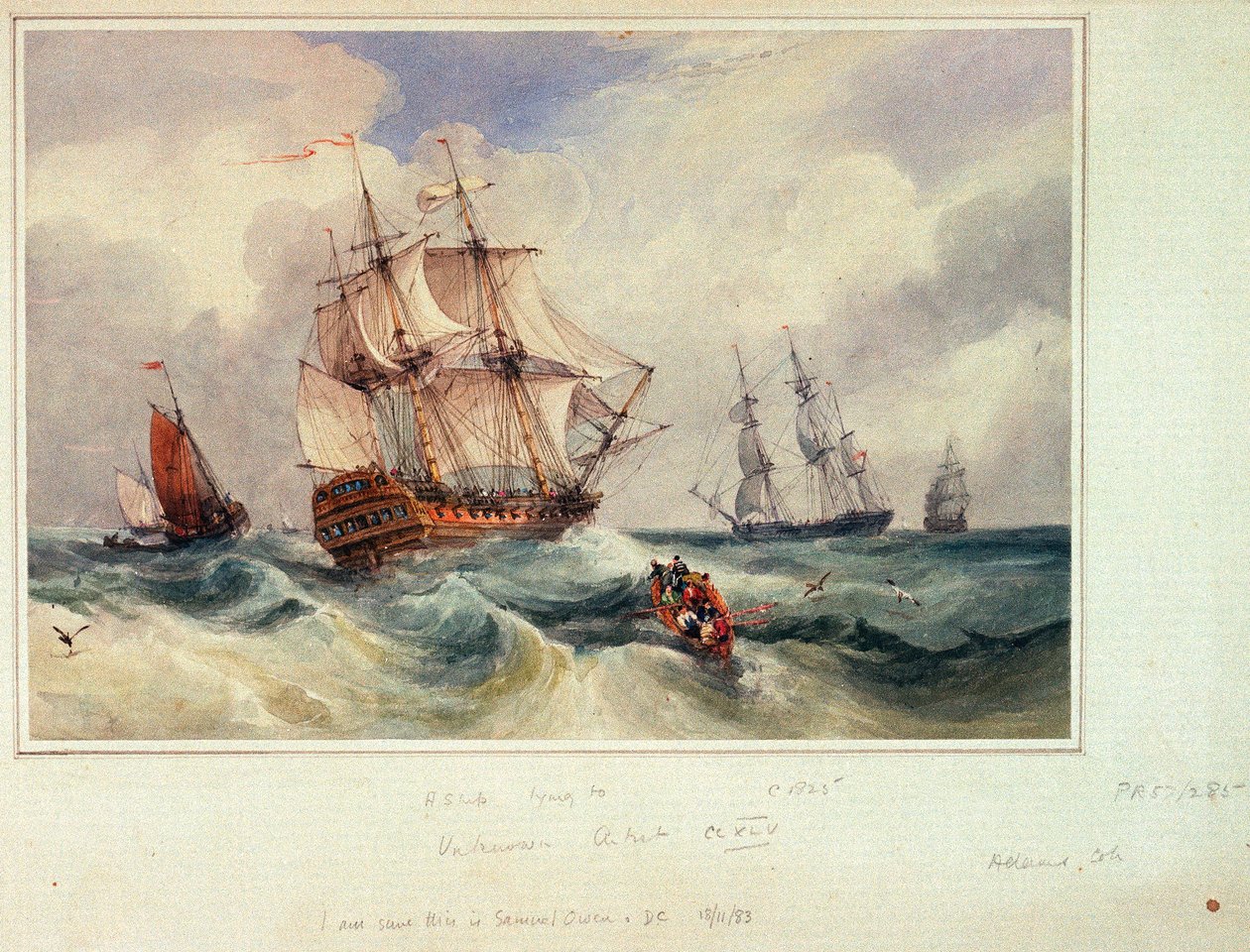Um navio deitado, c.1825 (aguarela) de Samuel Owen