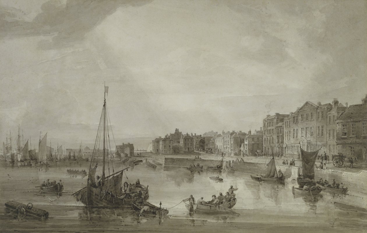 Margate Harbour, 1806 (lavagem marrom sobre grafite) de Samuel Owen