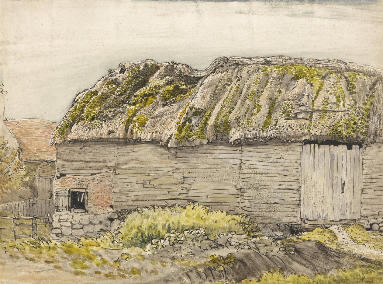 Um celeiro com telhado coberto de musgo, Shoreham (aquarela com lavagem marrom, tinta, guache e lápis sobre papel) de Samuel Palmer